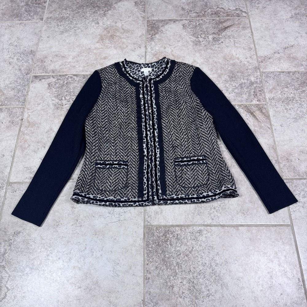 Chico's Size 1 Jacket Leopard Tweed Wool Blend Career Cardigan Hook Latch